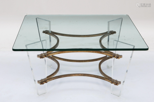 A lucite, brass and plate glass coffee table