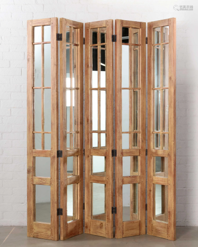 A rustic mirrored five-fold floor screen