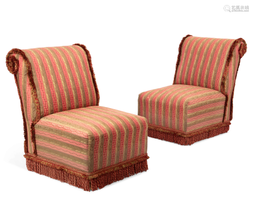 A pair of rose and gold damask slipper chairs