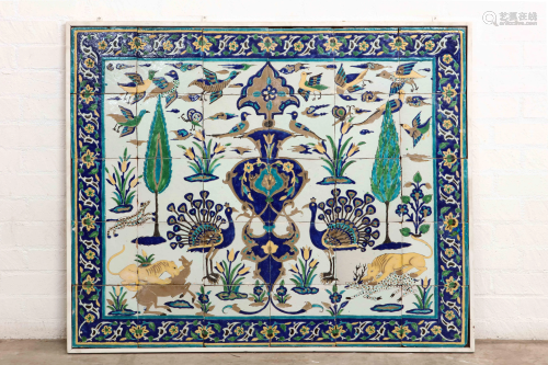 A large Persian painted earthenware tile panel