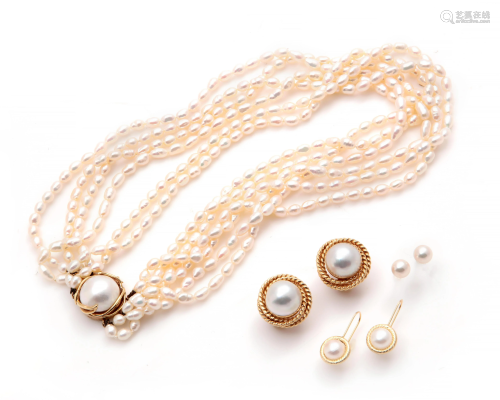 Seven pieces of cultured pearl & 14k gold jewelry