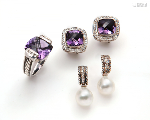 Five David Yurman pearl, diamond & silver pieces