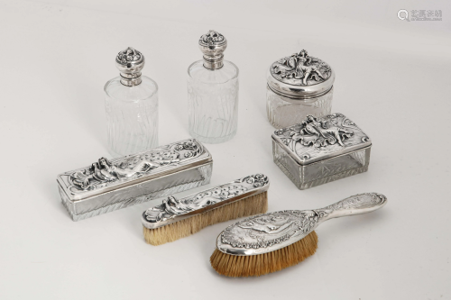 An Austrian six piece silver and glass vanity set