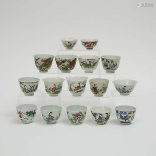 民國時期 釉上彩人物花卉紋杯一組十六隻 A Group of Sixteen Porcelain Cups, Republican Period