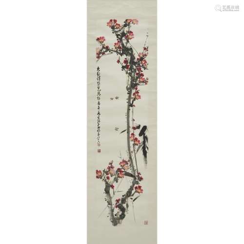趙少昂款 (1905-1998) 梅竹蜜蜂 設色紙本 長條 After Zhao Shaoang (1905-1998),   Pine, Bamboo and Bees