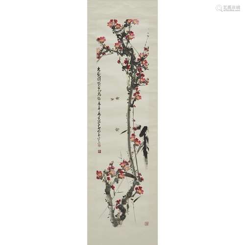 趙少昂款 (1905-1998) 梅竹蜜蜂 設色紙本 長條 After Zhao Shaoang (1905-1998),   Pine, Bamboo and Bees