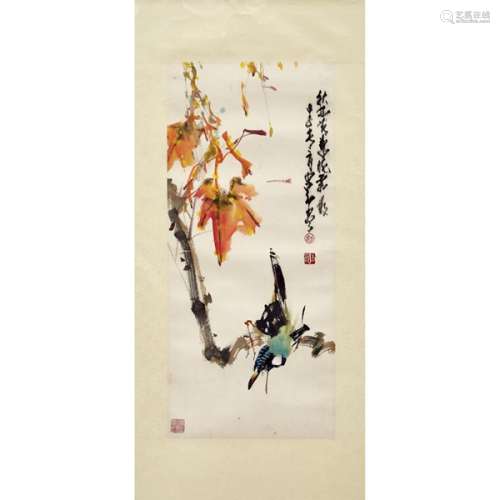 趙少昂款 (1905-1998) 紅葉小鳥 設色紙本 境心 After Zhao Shaoang (1905-1998),  Sparrow and Red Leaves