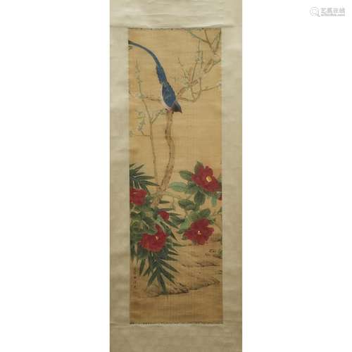 田世光款 (1916-1999), 花鳥圖 設色紙本 立軸 Signed Tian Shiguang (1916-1999), Bird and Flowers