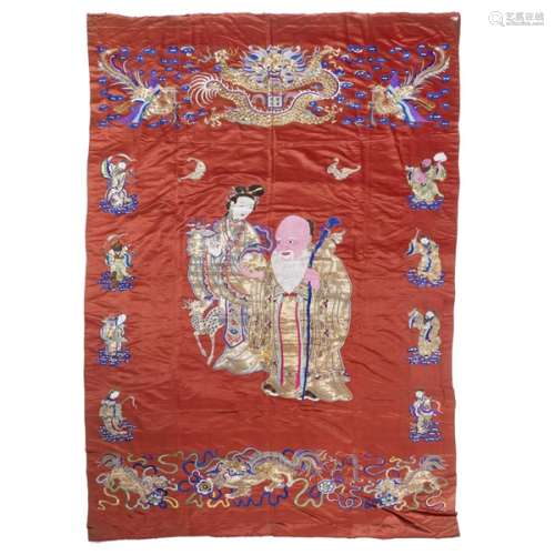 二十世紀早期 祝壽圖 刺繡 A Massive Red Ground Silk Embroidery with Daoist Deities, Early 20th Century