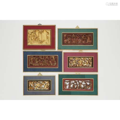 十九世紀 金木浮雕掛屏一組六件 A Set of Six Framed Chinese Gilt Lacquer Temple Panels, 19th Century