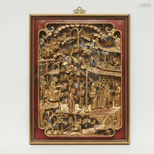 十九世紀 木漆金人物故事掛屏 A Framed Chinese Gilt Wood Temple Carving, 19th Century