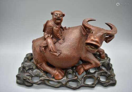 Chinese Hardwood Carving of Water Buffalo with Hardwood stand