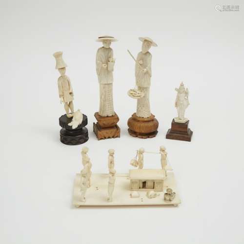 A Group of Five South and Southeast Asian Ivory and Bone Figures, 19th/Early 20th Century