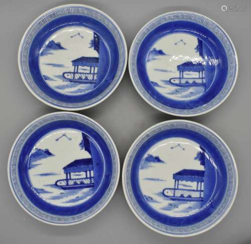 Beautiful Blue Hirado Landscape Dish (Set of Four)