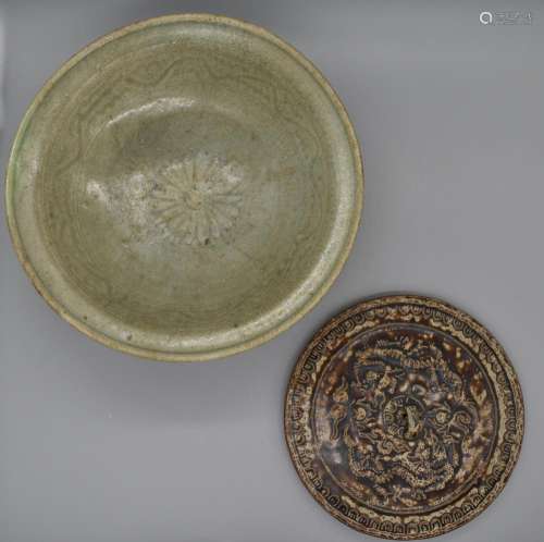 Ayuthya Chinese Sunken Vessel Lid with dragon decoration and 15th Century Celadon Bowl