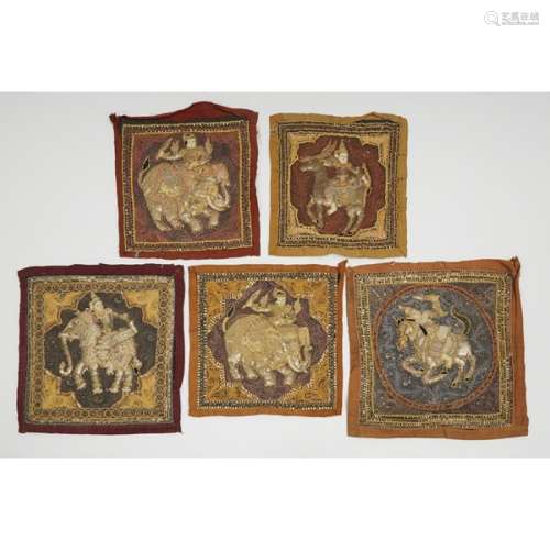 A Set of Five Thai Stumpwork Embroidered Panels