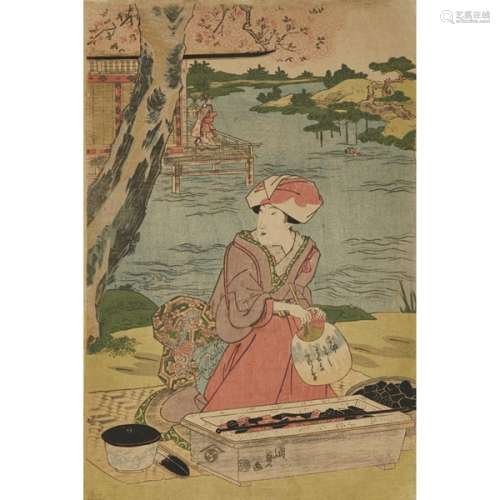 A Group of Four Woodblock Prints by Kunisada, Hiroshige, and Hokusai, 19th/20th Century
