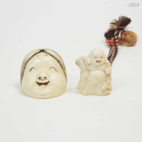 Two Ivory Netsuke of an Okame Mask and Hotei, Signed, Late 19th Century