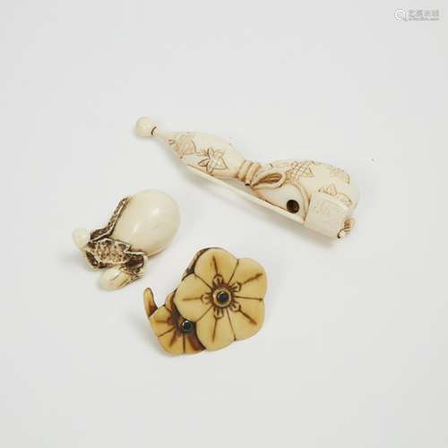 A Group of Three Ivory Netsuke of Eggplants, a Gourd, and Sakura Blossoms, One Signed