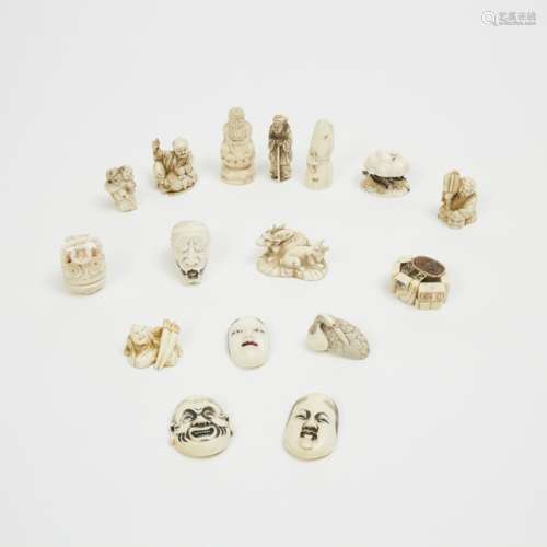 A Group of Sixteen Small Ivory and Antler Carved Netsuke and Okimono