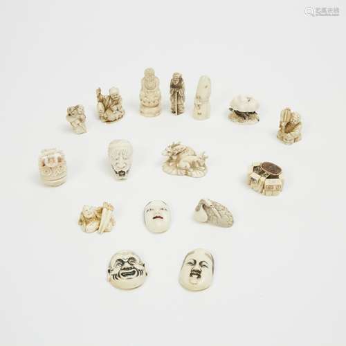 A Group of Sixteen Small Ivory and Antler Carved Netsuke and Okimono