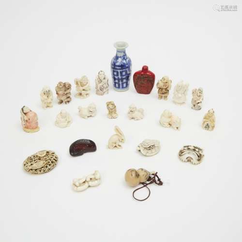 A Group of Twenty-Three Small Ivory, Ivorine, Wood and Ceramic Japanese and Chinese Items