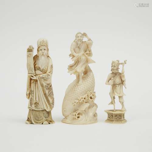 A Group of Three Ivory Okimono of Deities, Meiji Period