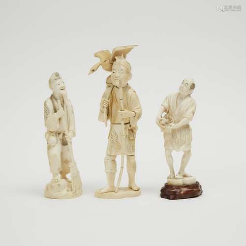 A Group of Three Ivory Okimono of Old Men, Meiji Period