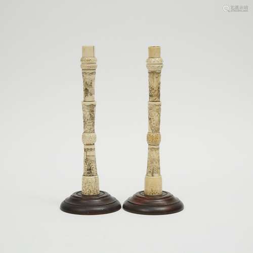 A Pair of Japanese Bone Carved Candlesticks, 19th Century