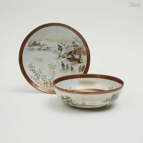 A Kutani 'Landscape' Bowl and Dish, Meiji Period