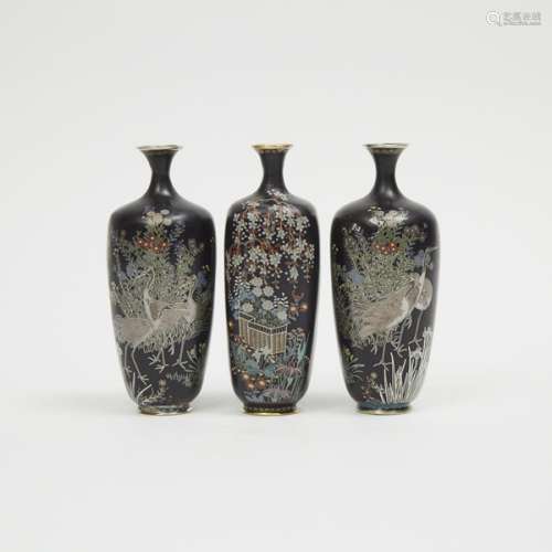 A Pair of Small Cloisonné 'Crane' Vases, Gonda Hirosuke Mark