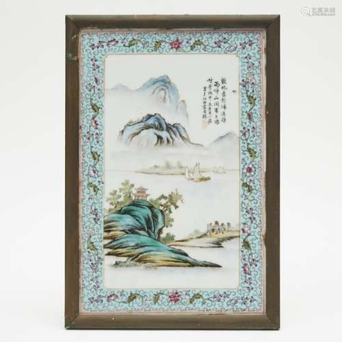 二十世紀 粉彩詩文通景瓷板 A Chinese Mountain Landscape Porcelain Panel, 20th Century