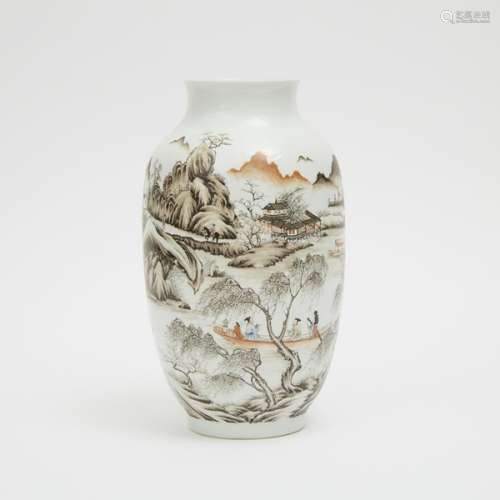 洪憲款 釉上墨彩人物風景紋燈籠尊 A Grisaille-Decorated 'Landscape' Vase, Hongxian Mark