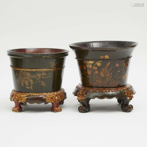 十九世紀 木漆金花卉紋花盆一組兩件 Two Chinese Gilt-Decorated Lacquer Flower Pots, 19th Century