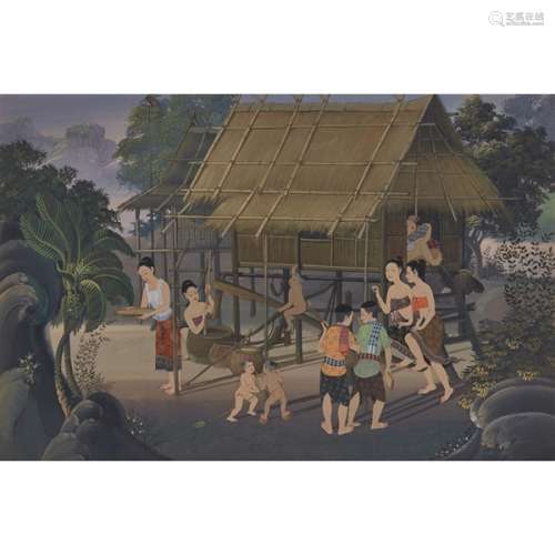 A Southeast Asian Painting of a Village Scene