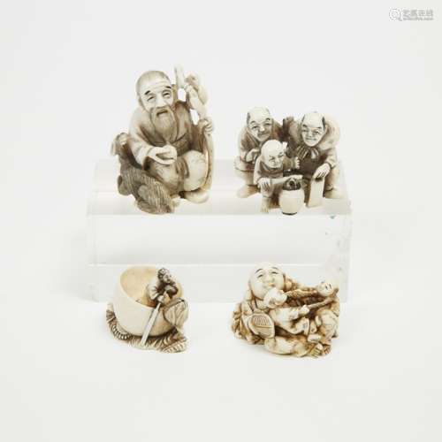 A Group of Four Ivory Carved Figural Netsuke, Signed