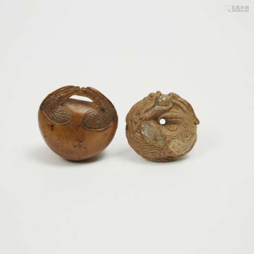 Two Ceramic and Corozo Nut Mokugyo Netsuke
