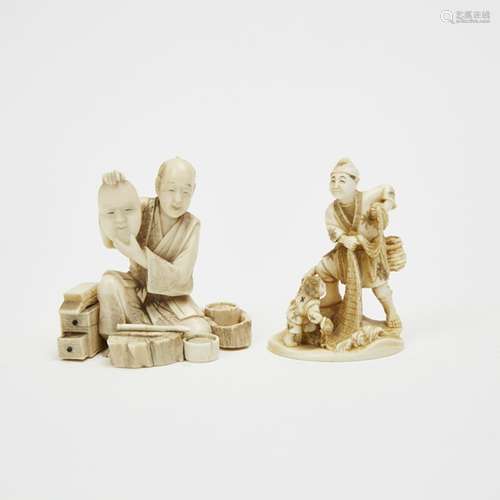 日本 明治時期 牙雕人物擺件一組兩件 Two Ivory Okimono of a Mask Carver and a Fisherman, Meiji Period