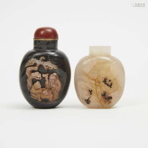 瑪瑙雕鼻煙壺兩件 Two Agate Carved Snuff Bottles