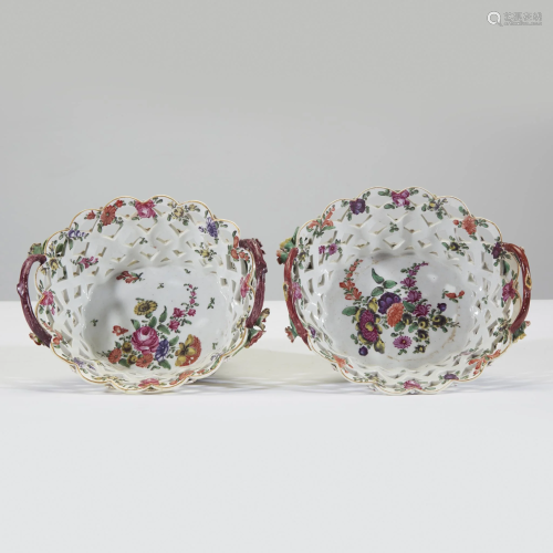 A pair of Bow porcelain pierced baskets, 18th century