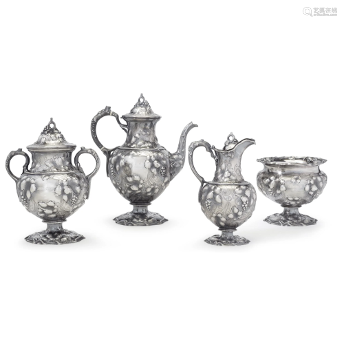 Silver four-piece repoussé tea service, John H.…