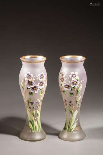 Pair of baluster vases in opaque glass with violet…