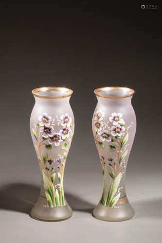 Pair of baluster vases in opaque glass with violet…
