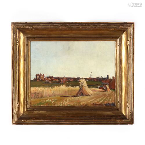 Antique Landscape Painting of Fields and Distant…