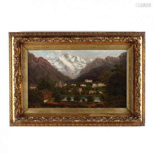 An Antique Mountain Landscape Painting with Build…