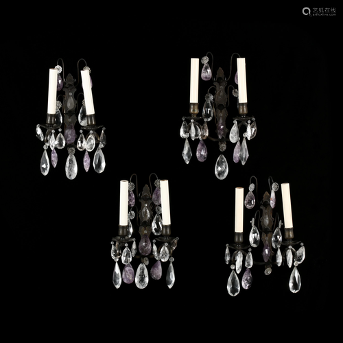 Set of Four French Rock Crystal Drop Prism Sconces