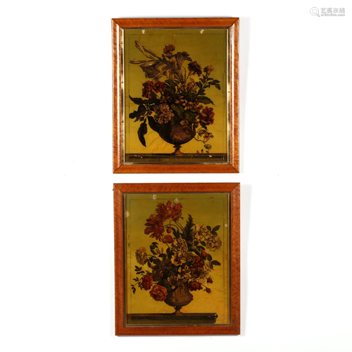 Pair or Reverse Glass Prints of Floral Arrangements