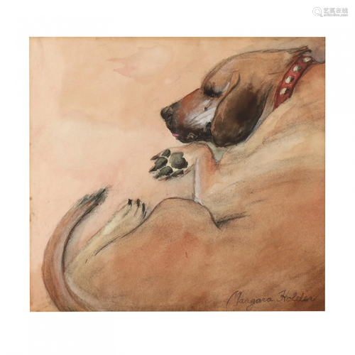 Framed Watercolor of a Sleeping Dog