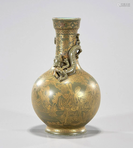Chinese Teadust Glazed & Gilt Porcelain Vase