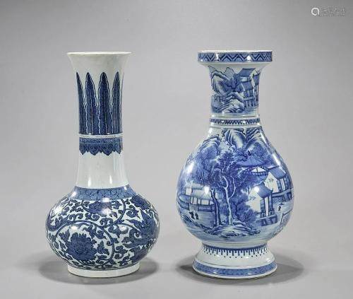 Two Chinese Kangxi-Style Blue & White Porcelain Vases